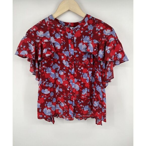Alexis Danijela 100% Silk Red Floral Ruffle Button Front Cape Blouse Size XS - Picture 1 of 7